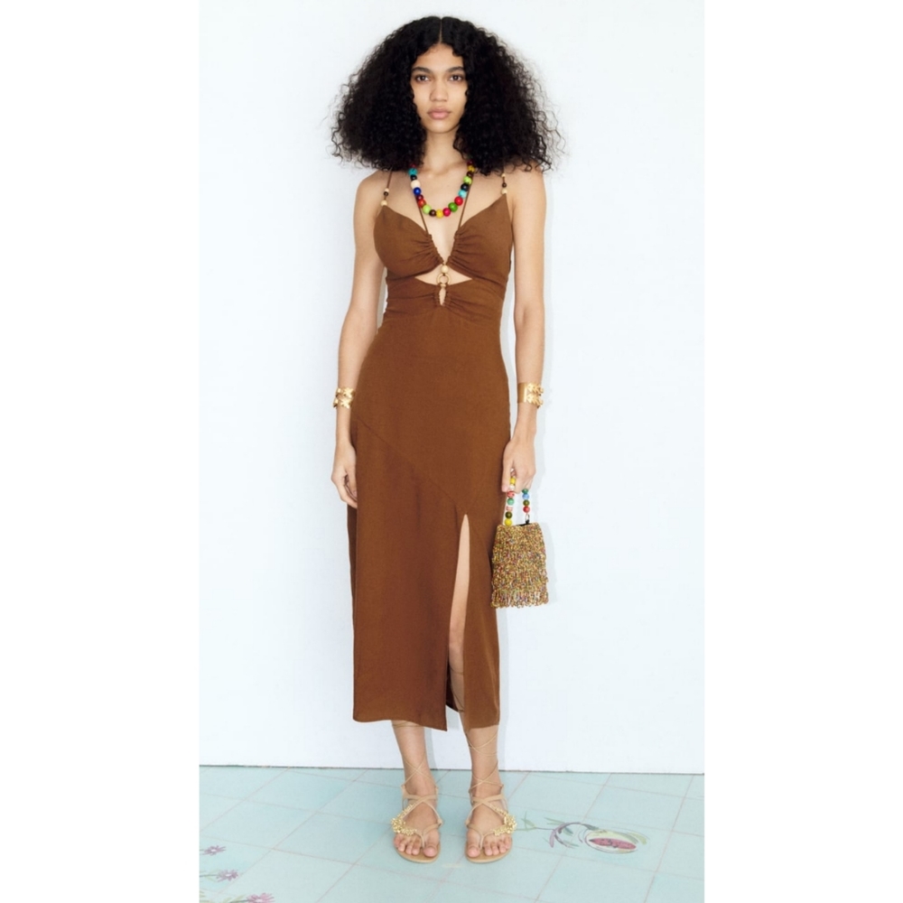 Zara Rustic Toffee Brown Slip Midi Dress With Cutout Detail